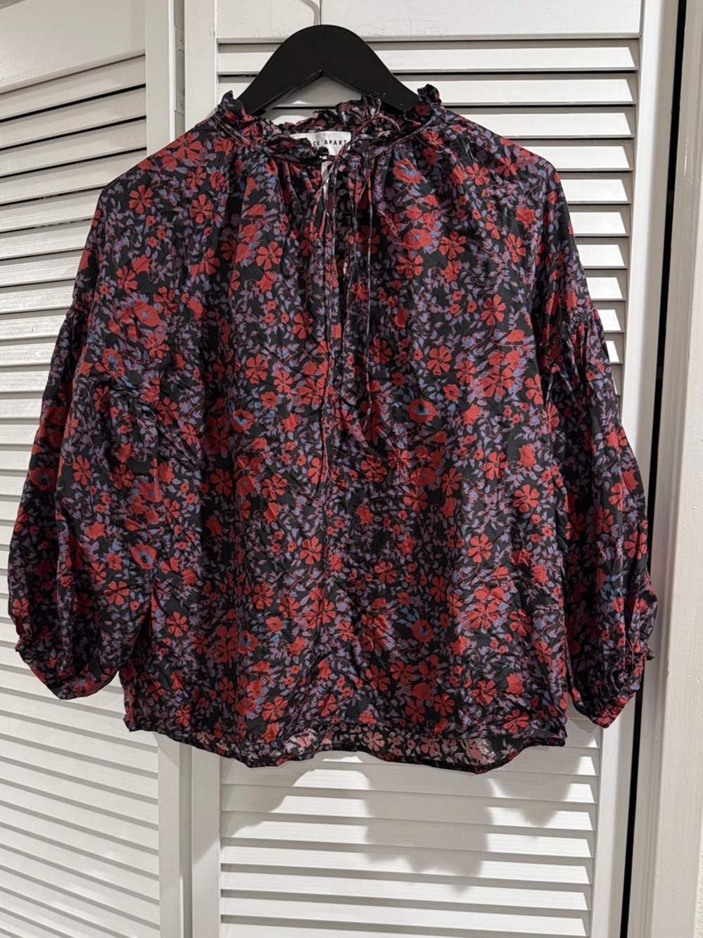Apiece Apart 100% Silk Black Blouse with Red Floral Print